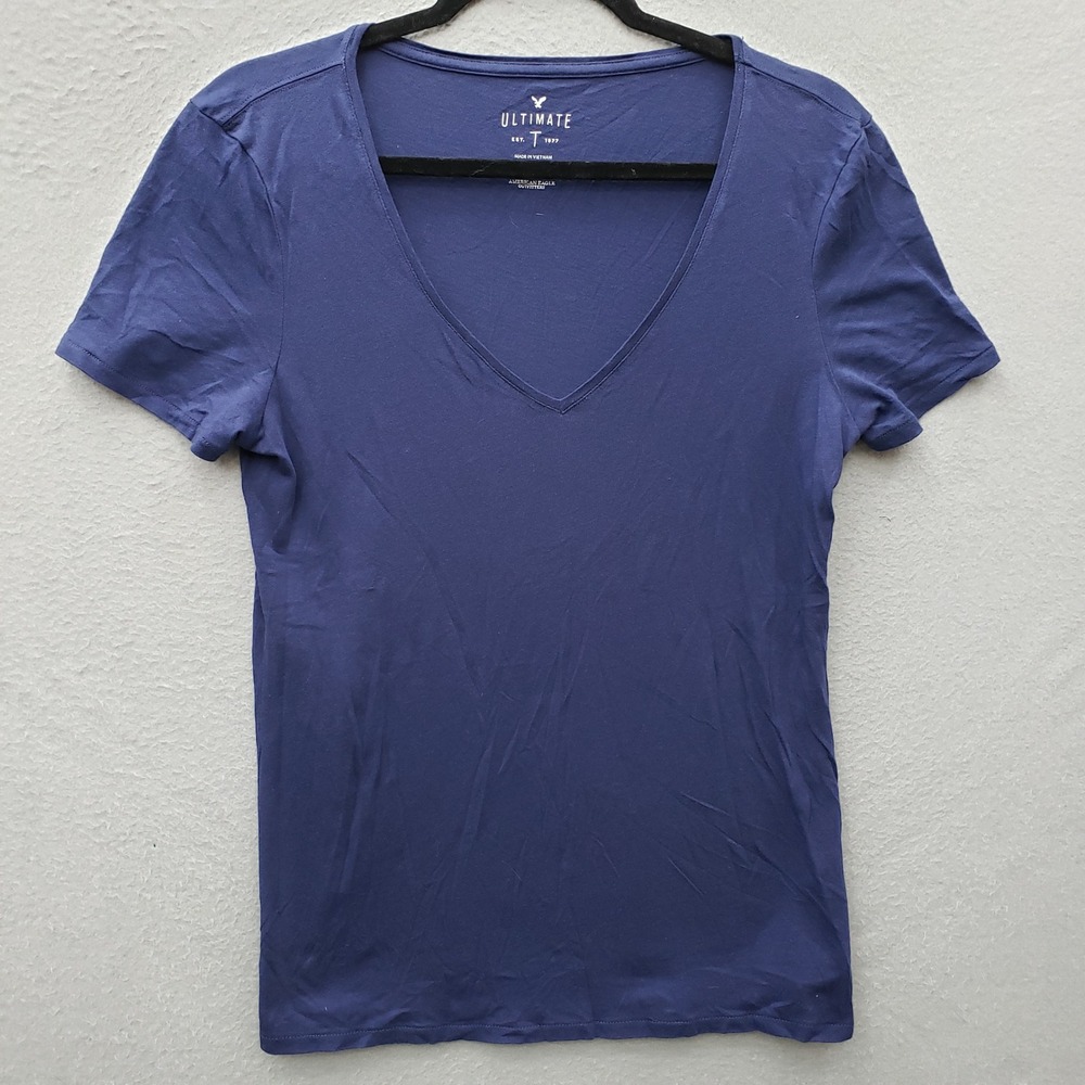 American Eagle The Ultimate V-neck Tee Shirt Solid Dark Blue Everyday Basic L